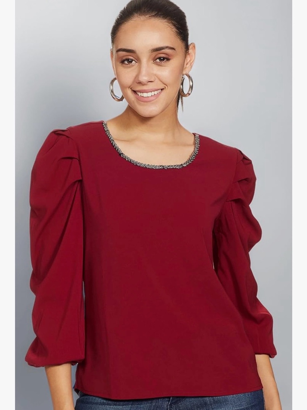 Women's Jewel-Trim Long Sleeve Blouse - Wine color Size XL